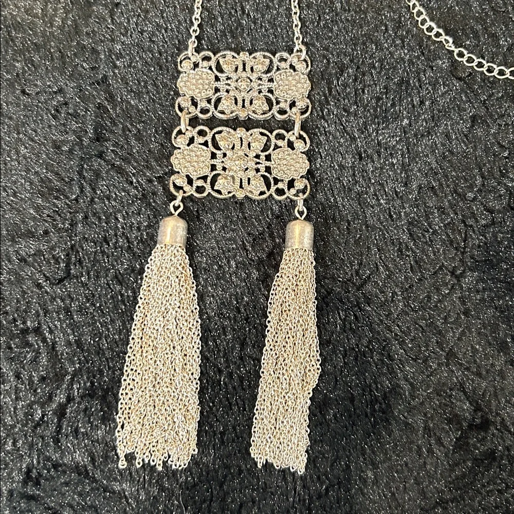 Vintage Silver Filigree Tassel Pendant Necklace - 36” with 3” extender